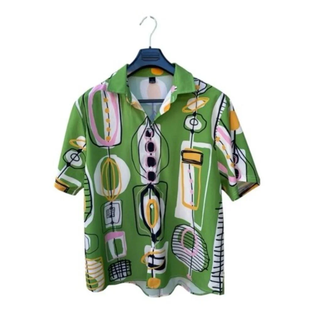 Green Retro Print Men's Hawaiian Style Shirt - Size 3XL